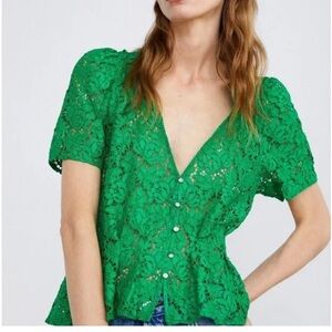 Zara Emerald green Lace rhinestone button Blouse peplum side zip puff short slv